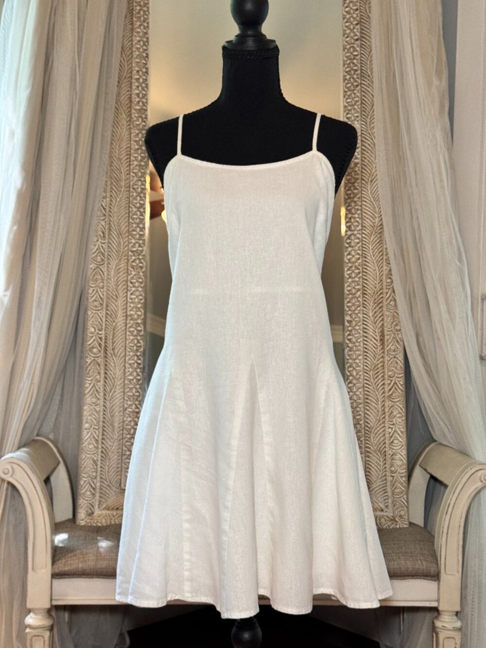 A New Day White Linen Blend Open Back Tie Mini Dress M